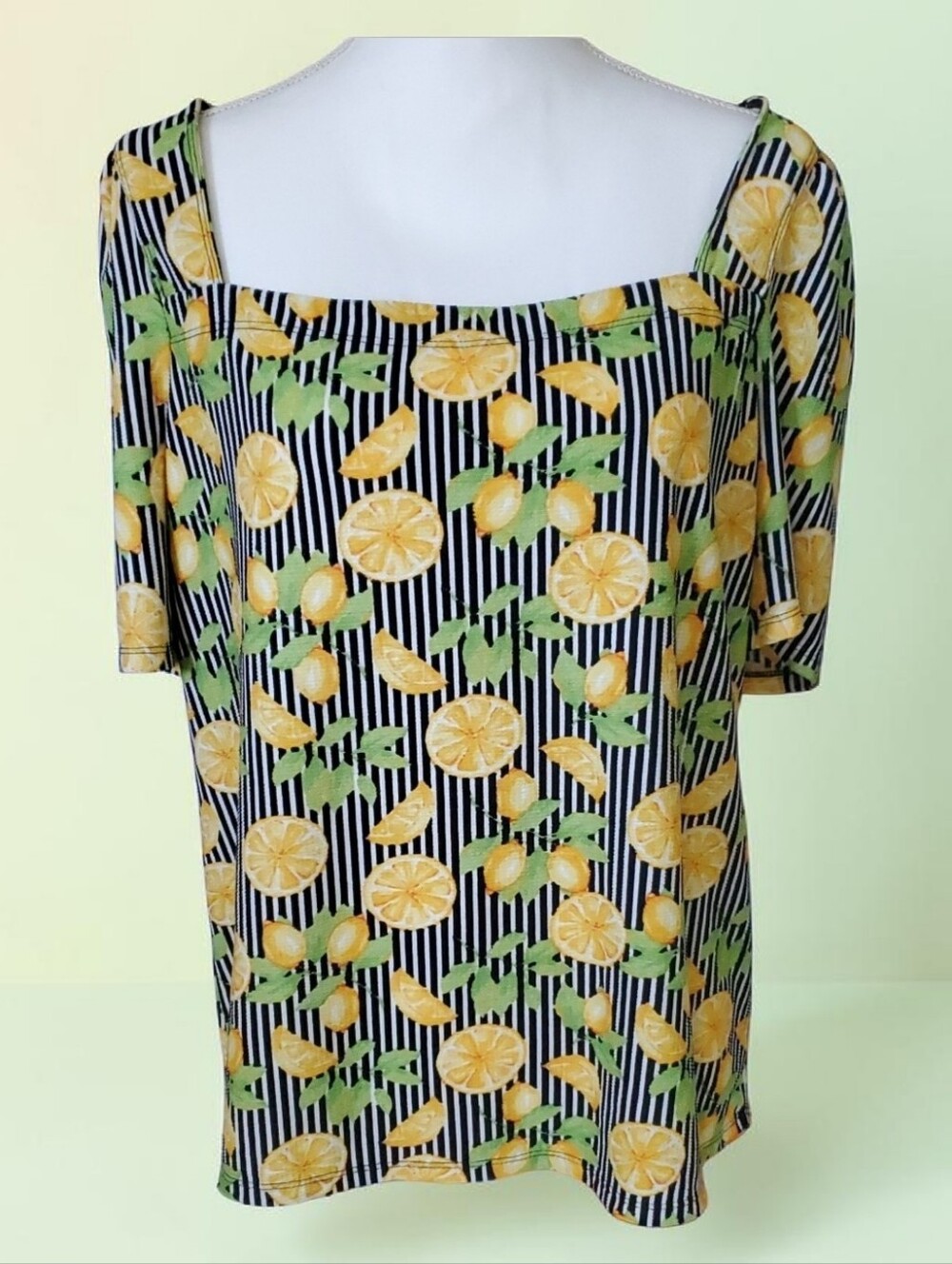 Cato Black-and-White Striped Lemon Print Square Neck Top. XL.